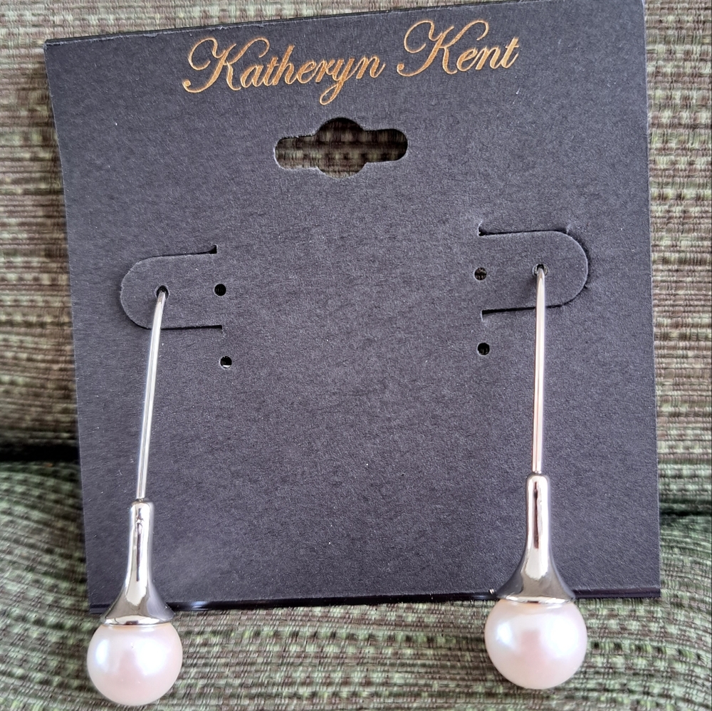 Kathryn Kent Faux Pearl and Silver Drop Earrings, Pierced, New
